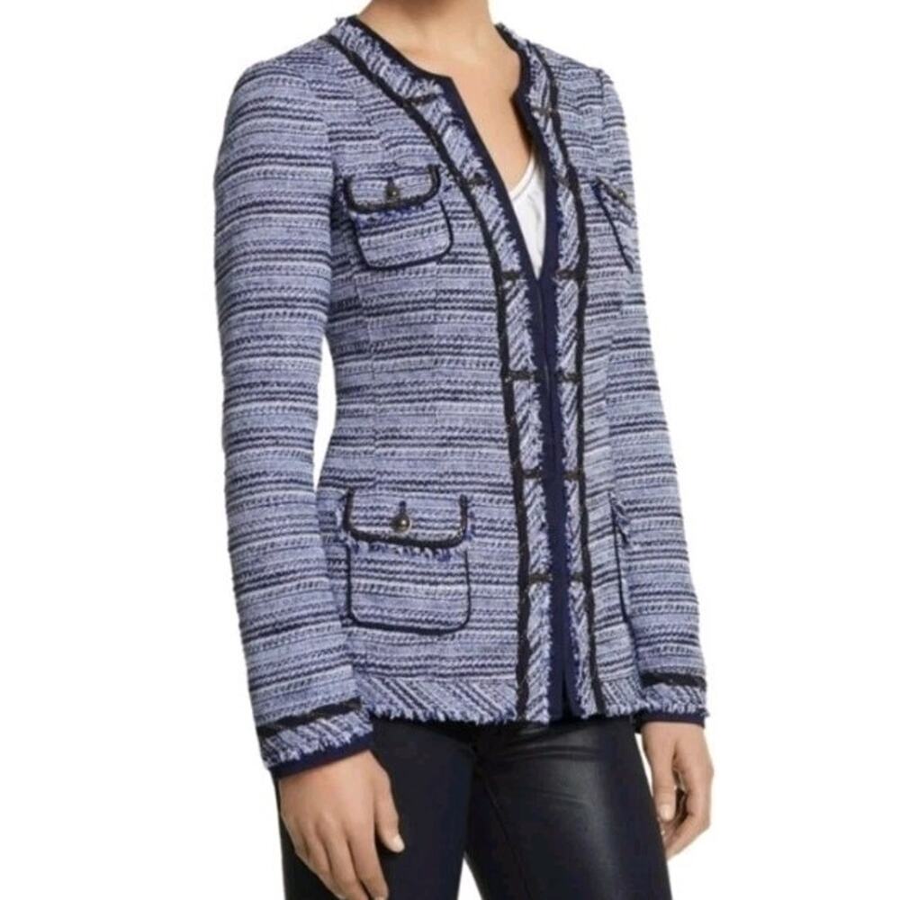 WHBM Boucle Tweed Collarless Jacket Blazer Size 00 Round Neck Navy Blue Oldmoney